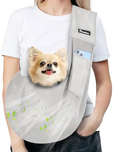 Pawaboo Small Dog Sling Carrier, Reversible Hands Free Dog Sling Carrier for Small Dogs and Cats, Puppy Sling Carrier with Adjustable Strap Buckle & Safety Harness, Puppy Essentials, Grey