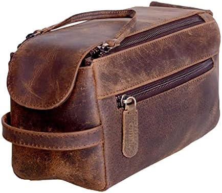 Premium Buffalo Leather Unisex Toiletry Bag Travel Dopp Kit Shaving kit (Distressed Tan)