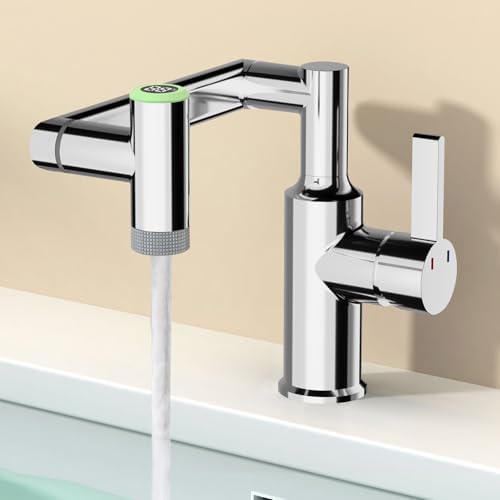 EAARSUO Single Hole Rotatable Bathroom Faucet with Temperature Display, Single Handle Modern Rotating Bathroom Sink Faucet 1 Hole, 1080 Degree Swivel Faucet with 2 Water Outlet Modes (Black)