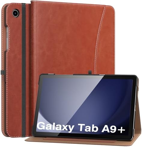 MoKo Case for Samsung Galaxy Tab A9 Plus 11" 2023 (SM-X210/SM-X216/SM-X218), PU Leather Multi-Angle Viewing Folding Stand Cover Case with Hand Strap, Front Pocket, Auto Wake/Sleep, Denim Blue & Brown