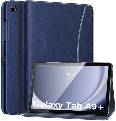 MoKo Case for Samsung Galaxy Tab A9 Plus 11" 2023 (SM-X210/SM-X216/SM-X218), PU Leather Multi-Angle Viewing Folding Stand Cover Case with Hand Strap, Front Pocket, Auto Wake/Sleep, Denim Blue & Brown