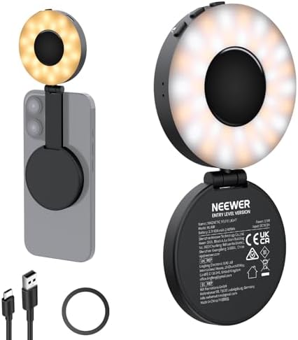 NEEWER BASICS Magnetic Selfie Light Compatible with MagSafe iPhone,CRI95 700lx/0.3m Folding LED Phone Fill Ring Lighting with Mirror for Zoom Makeup Photography Recording Video Conference, Black NL48B