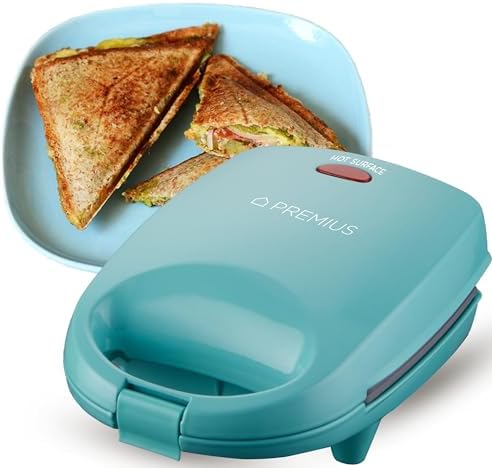 PREMIUS Ceramic NonStick Mini Snack Sandwich Maker, Indicator Light, 5x4.4 Inch Mold, Great for French Toast, Tuna Melt, Egg & Grilled Cheese, Pancake Sandwich, Desserts, Toasties, 520 W (Red)