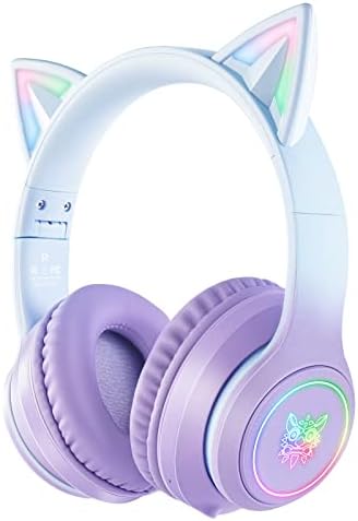 Bluetooth Cat Ear Headphones for Kids & Adults, Wireless Wired Dual Channel, SIMGAL Foldable Over-ear Headsets with RGB Lights, Control Volume & Built-in Mic, For Cell Phones/PC/Tablet/Laptop (A Pink)