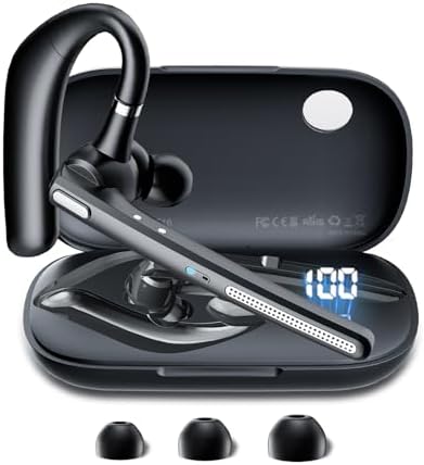 Bluetooth Headset, Bluetooth Earpiece V5.3 with Noise Cancelling Mic, Wireless Headset Hands-Free with High Capacity Battery LED Display Charging Case, Single Ear Headphones for Office/Trucker