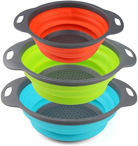Collapsible Colander, BESUNTEK Strainer Set Round Food Silicone Kitchen for Draining Pasta, Vegetable and Fruit 2 pcs 4 Quart and 1 pcs 2 Quart (Orange + Green + Blue)