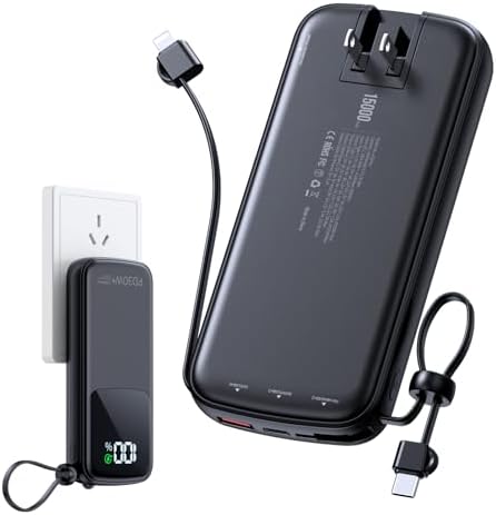 Portable Charger Power Bank, 15000mAh Portable Charger Fast Charging Lightweight, Built-in AC Wall Plug and 2 Output Cables with LED Display for iPhone Samsung iPad etc (White)
