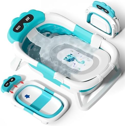 AVIDOR Baby Bathtub, Collapsible Baby Bathtub for Newborn to Toddler, Foldable Newborn Bathtub, Portable Infant Bath Tub for Travel with Soft Cushion, No-Slip Feet, Navy Blue