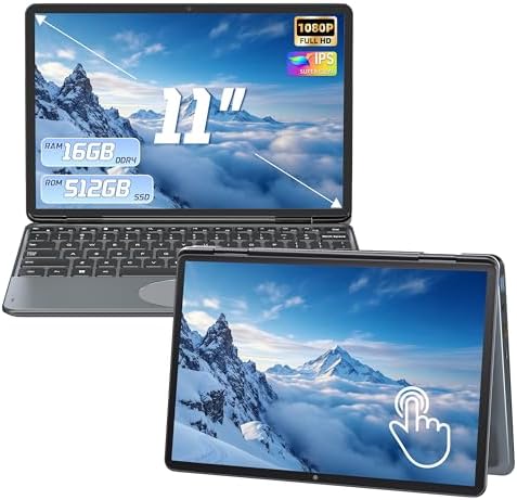 2025 New 2 in 1 Touchscreen Laptop, 11" FHD 1920x1200 IPS Display, Intel 12th Gen N100, 16GB DDR4 RAM, M.2 SSD, 360° Flip, Ultra-Portable Notebook for Students & Professionals (16GB RAM | 256GB SSD)
