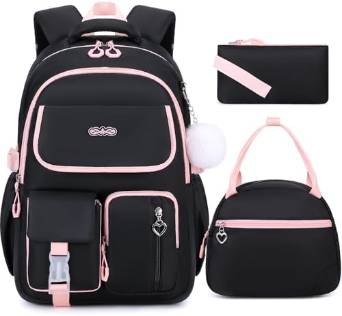 3PCS School Backpack for Girls with Lunch Box Pencil Pouch for Teen Girls Children Elementary Primary Middle High College Daypack School bag Bookbag Set Pink