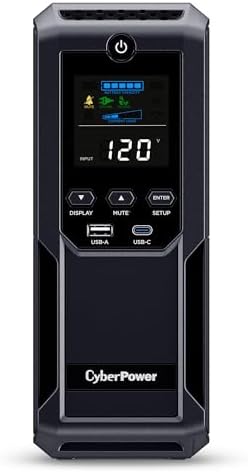 CyberPower CP1500AVRLCD3 Intelligent LCD UPS System, 1500VA/900W, 12 Outlets, 2 USB Ports, AVR, Mini Tower, Black