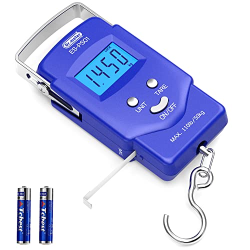 Fish Scale, Dr.meter 110lb/50kg Backlit LCD Display Digital Scale with Built-in Measuring Tape - Electronic Fishing Postal Hanging Hook Scale with 2 AAA Batteries, Pocket Size