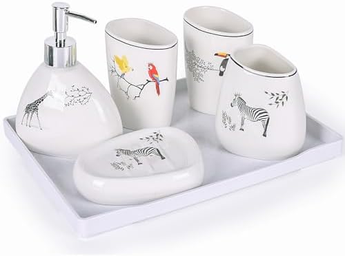 White Bathroom Accessories Set,Modern Countertop Bathroom Decor,Luxury 6 Piece Bathroom Accessory Set,Complete with Soap Dispenser,Toothbrush Holder,Tumbler,Tray