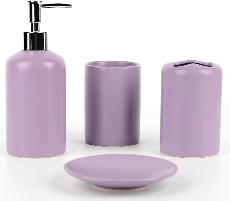WPM 4 Piece Ceramic Bath Accessory Set | Includes Bathroom Designer Soap or Lotion Dispenser w/Toothbrush Holder, Tumbler, Soap Dish Choose from Purple, Black, Brown, Navy or Burgundy (Brown)