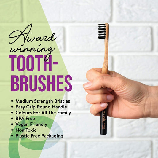 EcoSlurps 6 Bamboo Toothbrushes Multipack - Soft/Medium Bristle eco-friendly family toothbrush pack (Pack of 6) - PuriLite
