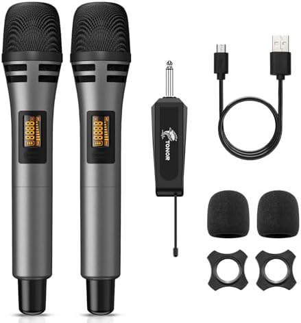 TONOR Wireless Microphones, UHF Dual Karaoke Microphone System, Microfonos Inalambricos with Rechargeable Receiver, Cordless Dynamic Mic for Singing, Wedding, DJ, Party, Speech TW320 Grey