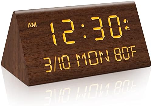 Kogonee Wooden Digital Alarm Clock, 0-100% Dimmer, 2 Alarm Settings, Weekday/Everyday Mode, 9 Mins Snooze, 12/24H, Temperature and Date Display for Office, Travel, Bedroom Alarm Clock (White)