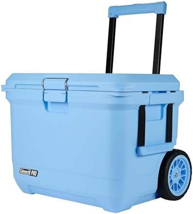 Coleman Pro Heavy-Duty Ultra-Light Premium Hard Cooler, 92/74/36-Can Capacity, Extra-Thick Insulation Keeps Ice up to 5/4/3 Days, 55-Quart Wheeled Cooler or 45/25 qt (No Wheels), Blue Sky