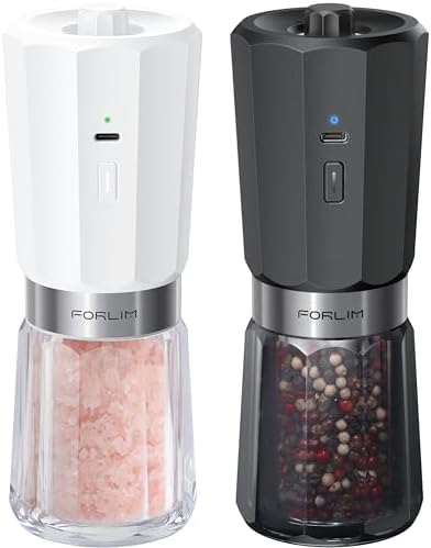 FORLIM 2-Speed Electric Salt and Pepper Grinder Set, 800mAh Rechargeable, Upgraded Auto-Reverse Clean After Stop, Pepper Shakes with White LED, Ceramic Grinding Core, Black & White