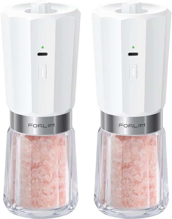FORLIM 2-Speed Electric Salt and Pepper Grinder Set, 800mAh Rechargeable, Upgraded Auto-Reverse Clean After Stop, Pepper Shakes with White LED, Ceramic Grinding Core, Black & White