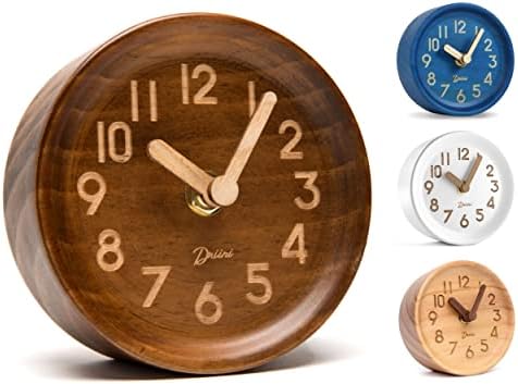 Driini Wooden Analog Desktop Clock – 4.3 in. Decorative Pinewood Clock, No-Tick Design – Easy to Read Silent Sweep Mantle Clock – Quiet Tabletop Clocks with Wood Body, Hands, & Battery Cover; Blue