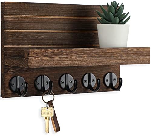 Lwenki Key Holder for Wall, Decorative Key and Mail Holder with Shelf Has Large Key Hooks for Bags, Coats, Umbrella – Paulownia Wood Key Hanger with Mounting Hardware (Black)