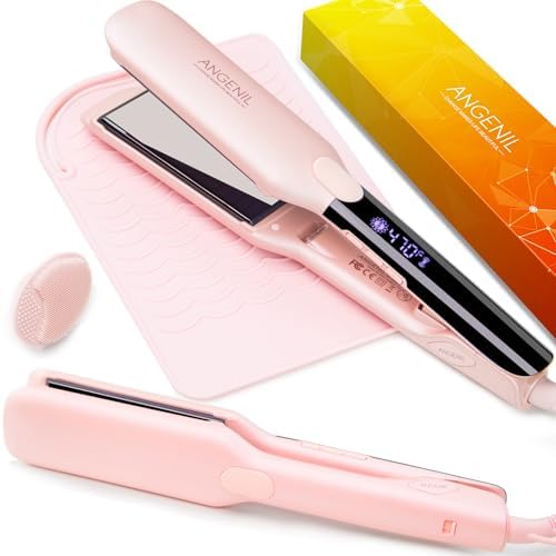 ANGENIL Pro Titanium Flat Iron Hair Straightener, Dual Voltage Straightening and Curling Iron in One, 15s Fast Heating, Negative Ion Round Pink Hair Straightener with Heat Resistant Silicone Mat Pad