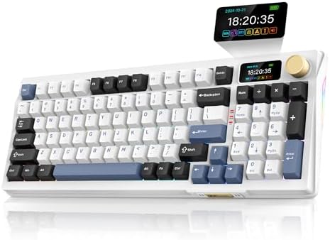 RedThunder K95 Wireless Mechanical Keyboard,TFT Screen & Knob, Tri-Mode BT5.0/2.4GHz/USB-C Hot Swappable Custom, Pre-lubed Linear Switches,Gasket Structure, RGB Gaming Keyboard for WIN/IOS, White-Blue
