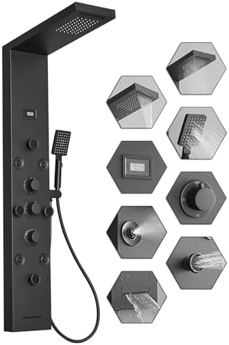 Bathfinesse Shower Tower Bathroom Shower Panel System Rain Massage System 6 in 1 Body Spray Jets Shower Wall Panels Rainfall Waterfall Shower Head Tub Spout with Temperature Display,Matte Black