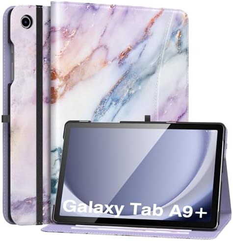 MoKo Case for Samsung Galaxy Tab A9 Plus 11" 2023 (SM-X210/SM-X216/SM-X218), PU Leather Multi-Angle Viewing Folding Stand Cover Case with Hand Strap, Front Pocket, Auto Wake/Sleep, Denim Blue & Brown