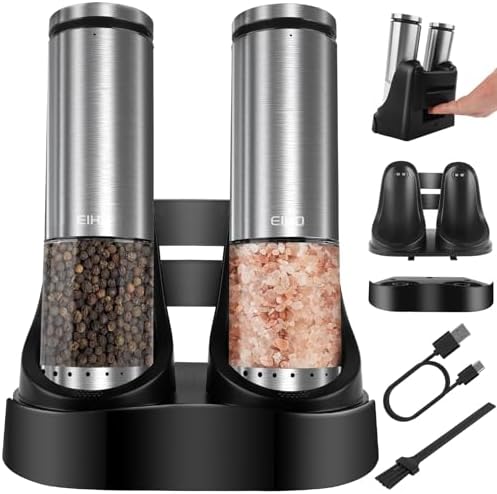 EIHO Electric Salt and Pepper Grinder Set USB Rechargeable, Upgraded External Adjustable Coarseness, Aluminum Alloy Automatic Salt and Pepper Shakers Mills with LED Light, House Warming Cooking Gifts