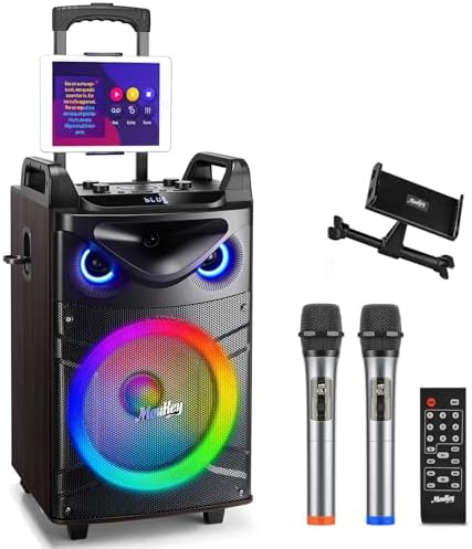Moukey Karaoke Machine, 10" Woofer Portable PA System, Bluetooth Speaker with 2 Wireless Microphones, Lyrics Display Tablet Holder, Party Lights & Echo/Treble/Bass Adjustment Support REC/AUX/USB/TF