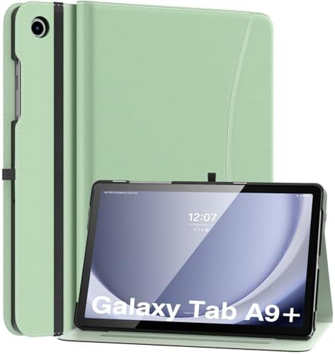 MoKo Case for Samsung Galaxy Tab A9 Plus 11" 2023 (SM-X210/SM-X216/SM-X218), PU Leather Multi-Angle Viewing Folding Stand Cover Case with Hand Strap, Front Pocket, Auto Wake/Sleep, Denim Blue & Brown