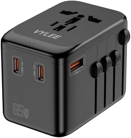 VYLEE Universal Travel Adapter, 65W Fast GaN International Power Adapter, 3PD USB-C+1QC USB-A European Travel Plug Adapter, US, UK, EU, AU Worldwide Travel Charger for Laptops, Tablets, Phones