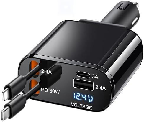 TICCI Retractable Car Charger 66W USB C Retractable with Cables, Car Phone Charger for iPhone 16/15/14 Android, Galaxy, Pixel, Car Accessories Fast Charging for Men Women, Black,