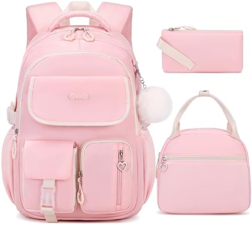 3PCS School Backpack for Girls with Lunch Box Pencil Pouch for Teen Girls Children Elementary Primary Middle High College Daypack School bag Bookbag Set Pink