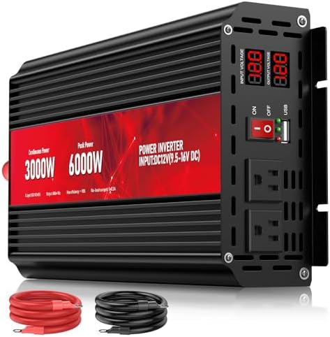 3000W Power Inverter,12V DC to AC 110V120V Peak Power 6000W with 2AC Outlets and 2.4USB Port,LCD Display Car Inverter for Outdoor Activities,Emergency