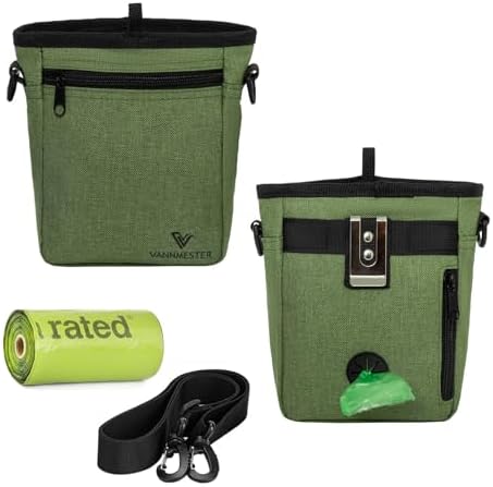VANNMESTER Dog Training Treat Pouch,Hands-Free Dog Treat Bag,Puppy Treat Pouch,Dog Training Bag with Adjustable Belt, Metal Clip-Green