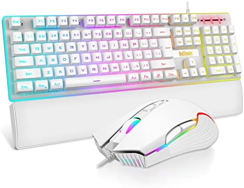 RedThunder K10 Wired Gaming Keyboard and Mouse Combo, True Backlit, Soft Leather Wrist-Rest, Mechanical Feel Anti-ghosting Keyboard + 7D 3200DPI Mice for PC Gamer (White)