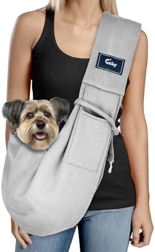 Cuby Adjustable Dog Cat Sling Padded Hard Bottom Pet Carrier Sling Soft Carrying Puppy Bag for Small Dogs Cats Outdoor Travel (Grayish-White)
