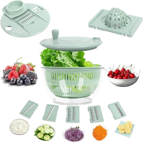 Salad Spinner Large, Vegetables Wash Bowl, Fruits & Herb Lettuce Dryer with 5 Blade Slicer Egg Yolk Strainer Shredder for Efficient Salad Preparation and Food Washing (5 in 1)