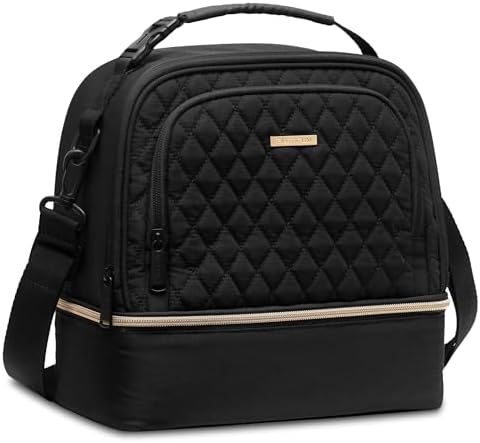 Everfun Womens Lunch Box Two Compartments Insulated Lunch Tote Bag Large Leakproof Soft Cooler for Work Picnic Travel, Black