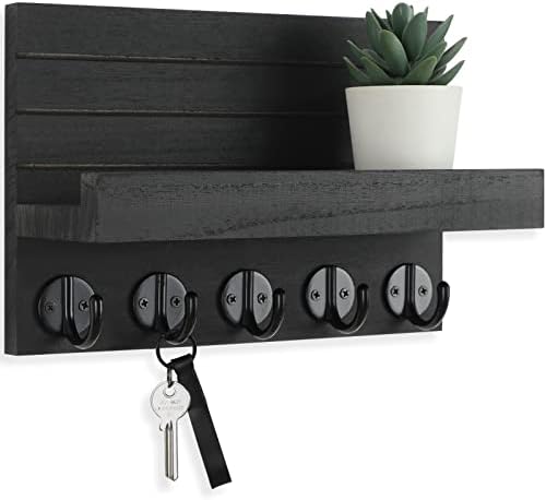 Lwenki Key Holder for Wall, Decorative Key and Mail Holder with Shelf Has Large Key Hooks for Bags, Coats, Umbrella – Paulownia Wood Key Hanger with Mounting Hardware (Black)