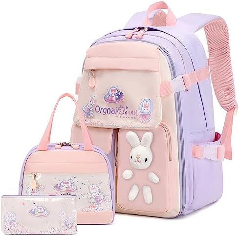 FIXITOK Girls Backpack Set, 3PCS Kids Backpack for Girls, Kawaii Bunny School Backpacks for Girl Kindergarten Elementary Preschool Middle School Bags with Lunch Box Pencil Case Aquamarine