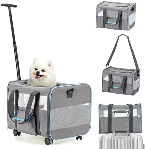 UNICITII Pets Carrier for Small Cat, Dog Medium Cats Puppies up to 20 Lbs, Airline Approved Carrier Soft Sided, Collapsible Travel Puppy Carrier (Grey-with Wheels)