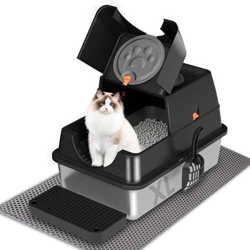Citylife Stainless Steel Litter Box with Lid Flip-Top Removable High Enclosed Cat Litter Box with Litter Mat Step&Litter Scoop Metal Litter Pan Easy Cleaning Odor-Resistant Large Space for Cats Black