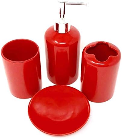 WPM 4 Piece Ceramic Bath Accessory Set | Includes Bathroom Designer Soap or Lotion Dispenser w/Toothbrush Holder, Tumbler, Soap Dish Choose from Purple, Black, Brown, Navy or Burgundy (Brown)