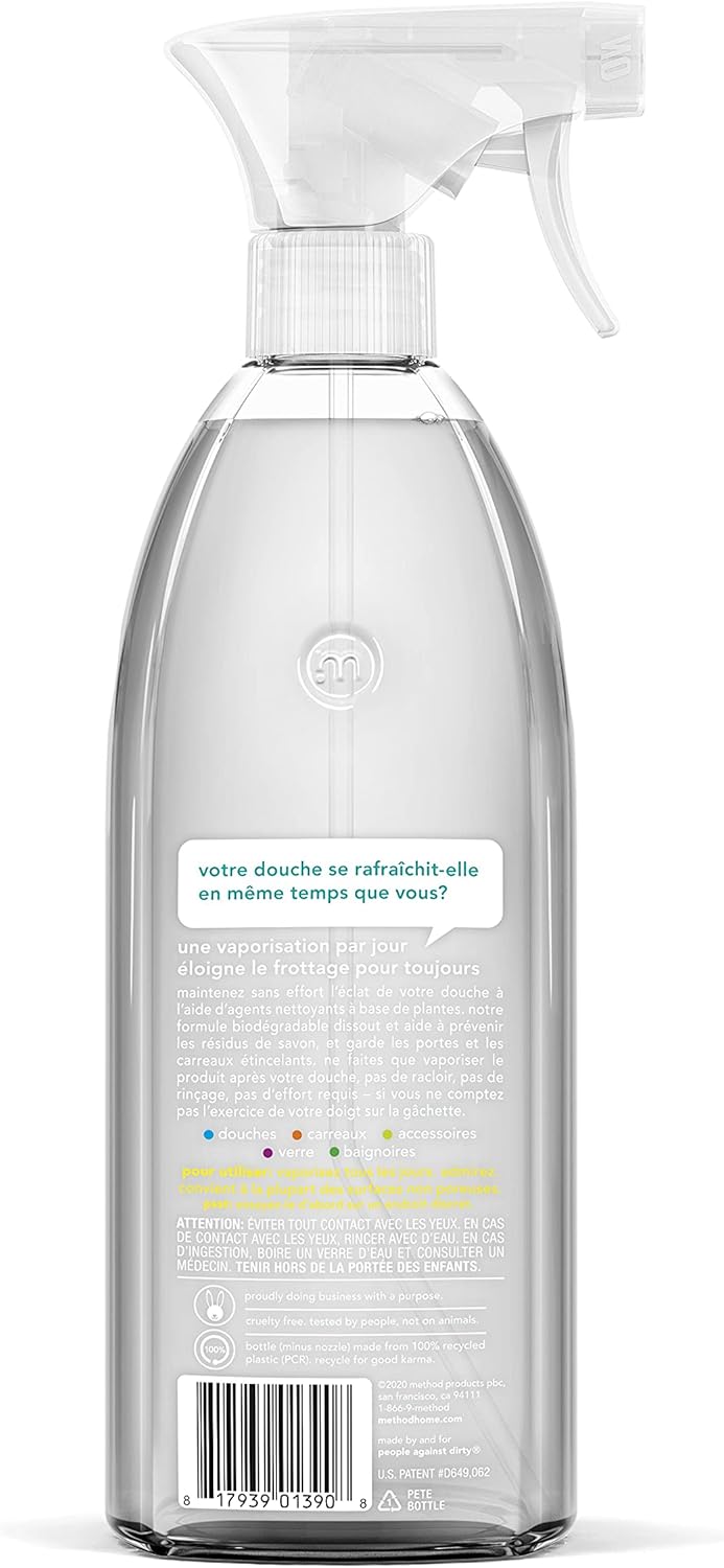 Method Daily Shower Cleaner Spray, Plant-Based & Biodegradable Formula, Spray and Walk Away - No Scrubbing Necessary, Eucalyptus Mint Scent, 828 mL Spray Bottles, 4 Pack, Packaging May Vary, Clear