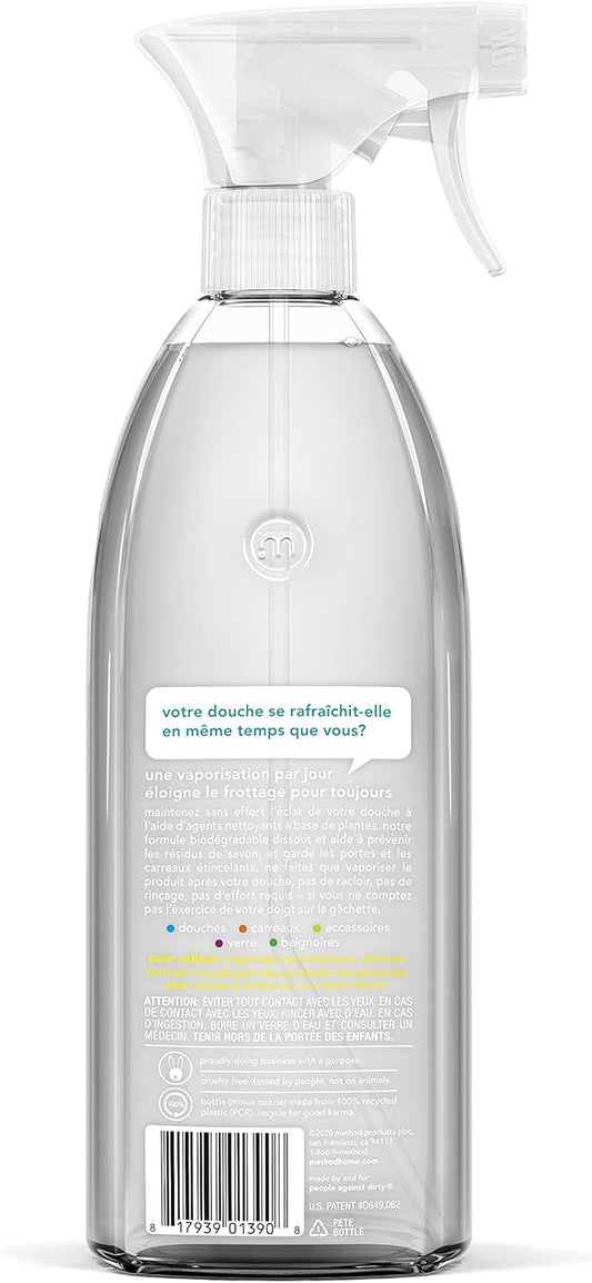 Method Daily Shower Cleaner Spray, Plant-Based & Biodegradable Formula, Spray and Walk Away - No Scrubbing Necessary, Eucalyptus Mint Scent, 828 mL Spray Bottles, 4 Pack, Packaging May Vary, Clear - PuriLite