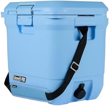 Coleman Pro Heavy-Duty Ultra-Light Premium Hard Cooler, 92/74/36-Can Capacity, Extra-Thick Insulation Keeps Ice up to 5/4/3 Days, 55-Quart Wheeled Cooler or 45/25 qt (No Wheels), Blue Sky